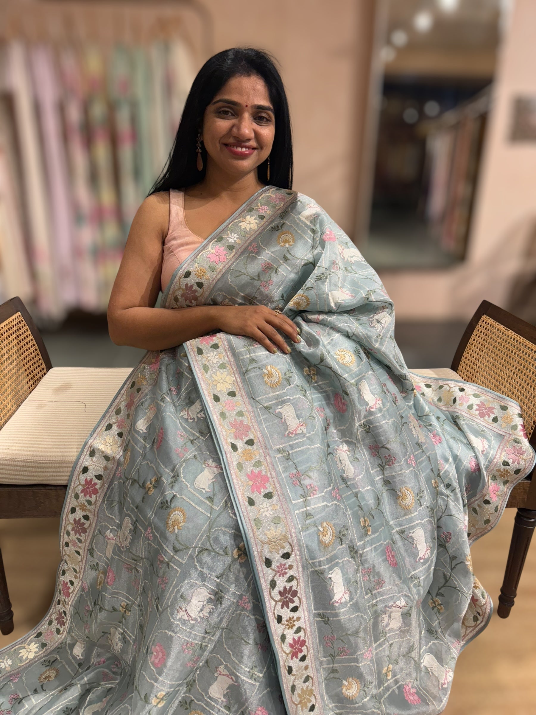 Powder Blue Pure Tissue With Jamdani Inspired Allover Pichwai  Embroidery