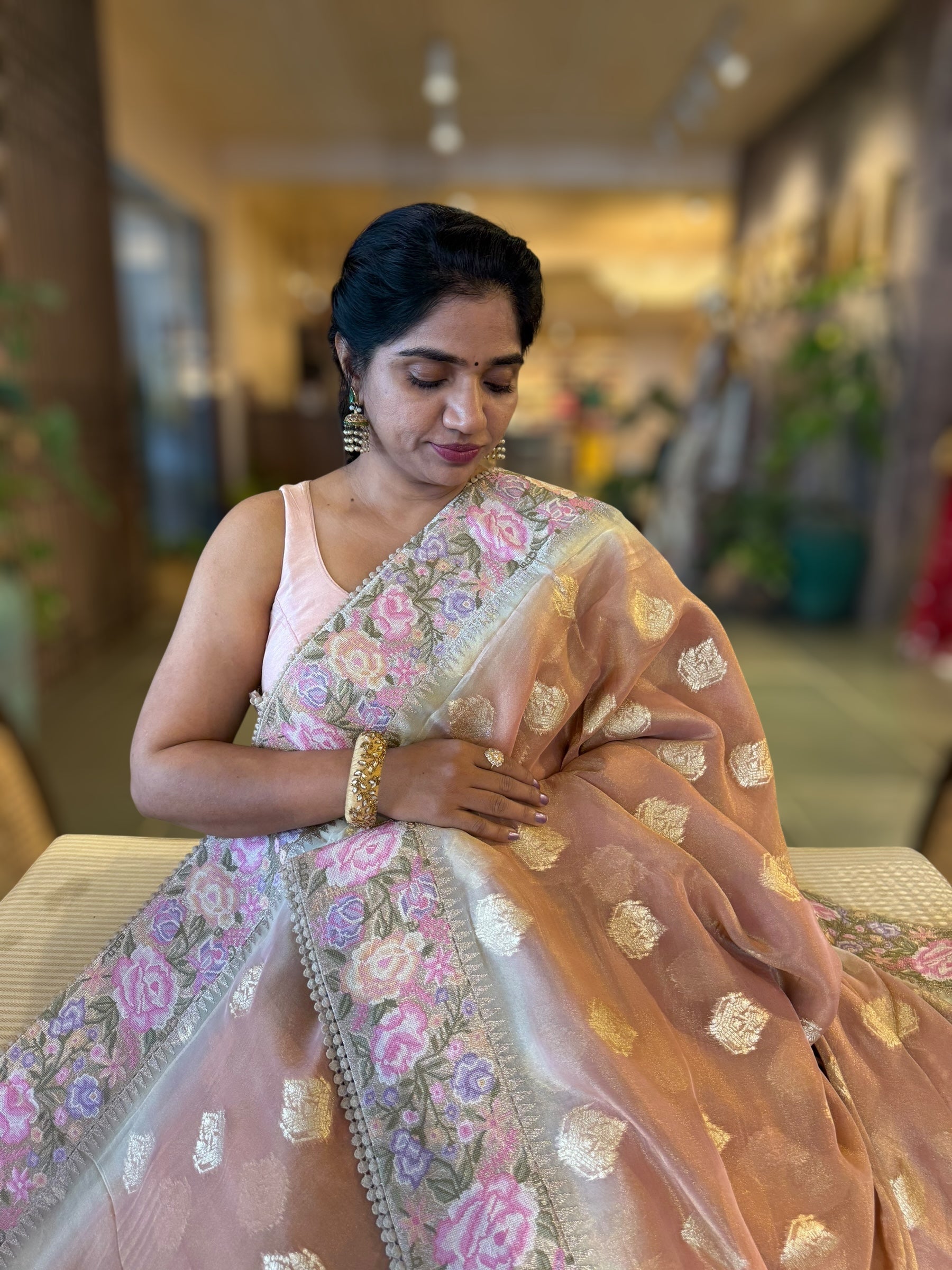 Peachish Brown Banarasi Tissue Gorgette Saree Wth Petite Point Border