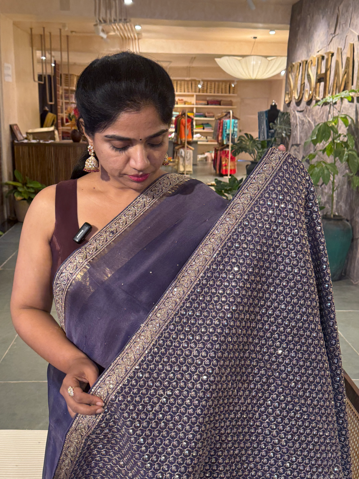 SK1091414ORG:Bluish Violet Kanchi Kora Saree with allover mukaish handwork