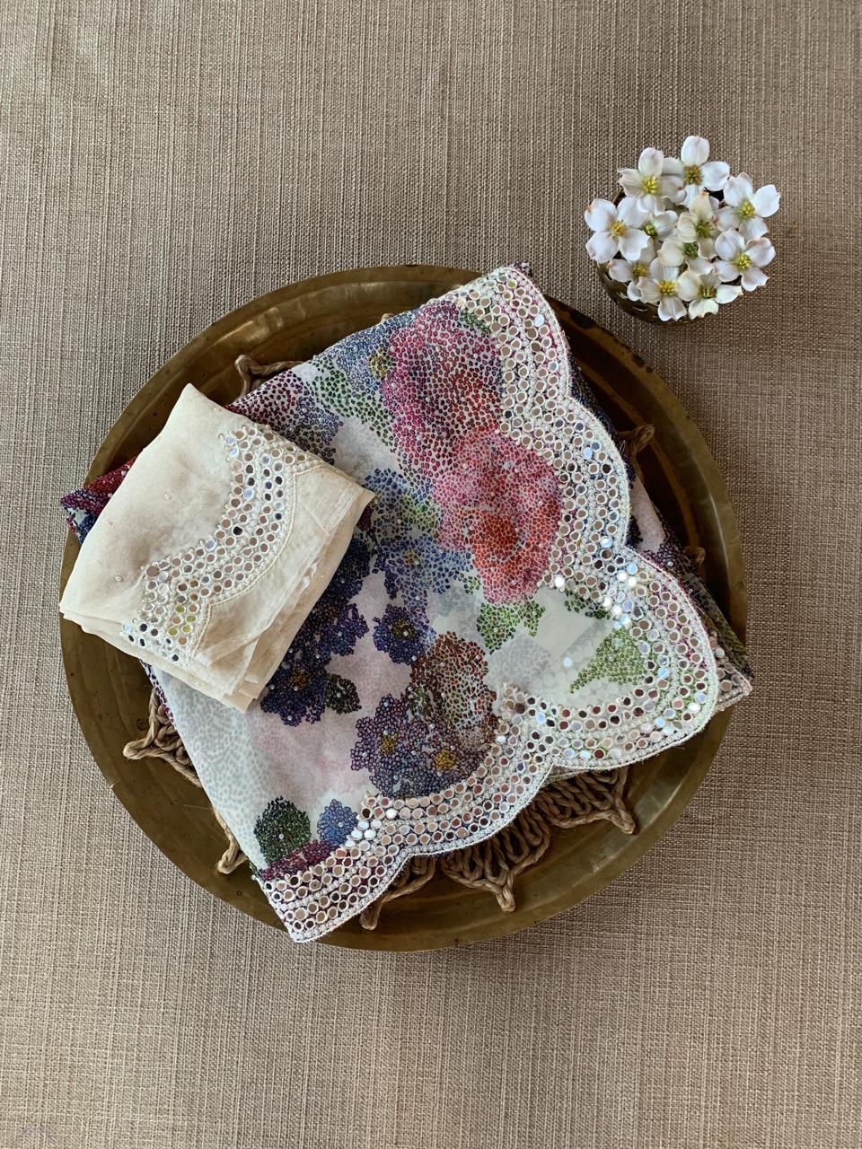 Ivory Gorgette Print with handwork mirrorwork borders
